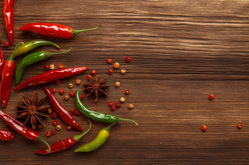 红色绿色的辣椒和花椒等调料在木质的案板的背景素材,高清,摄影图,摄影图片,图片大全,摄影图免费下载